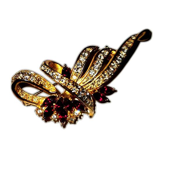 Charter Club Vintage Brooch - Faux Garnet/Ruby & Rhinestone Flower Bouquet - Picture 1 of 8